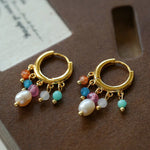 Colorful Gemstone & Pearl Tassel Hoop Earrings - floysun