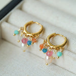Colorful Gemstone & Pearl Tassel Hoop Earrings - floysun