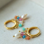 Colorful Gemstone & Pearl Tassel Hoop Earrings - floysun