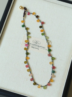 Colorful Waterdrop Tourmaline Woven Necklace Mini Sunstone or Silve Ore Beads - floysun