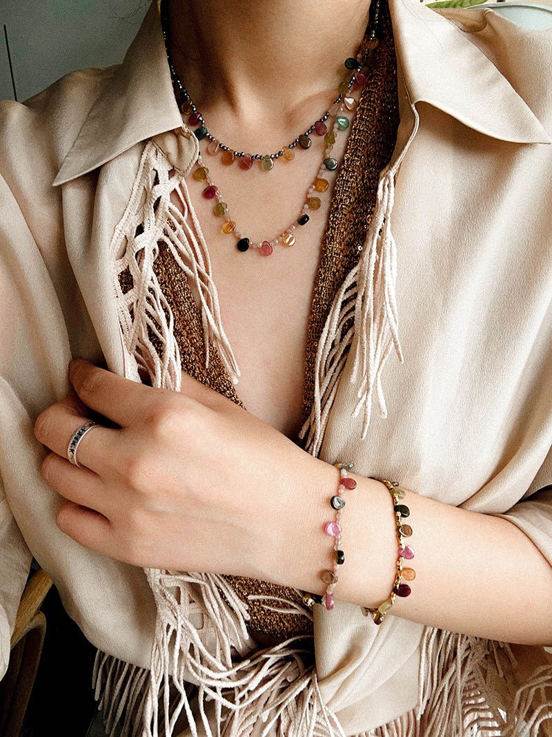Colorful Waterdrop Tourmaline Woven Necklace Mini Sunstone or Silve Ore Beads - floysun