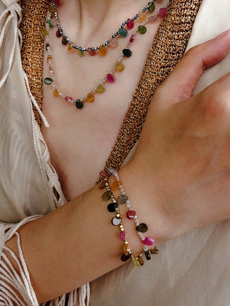Colorful Waterdrop Tourmaline Woven Necklace Mini Sunstone or Silve Ore Beads - floysun