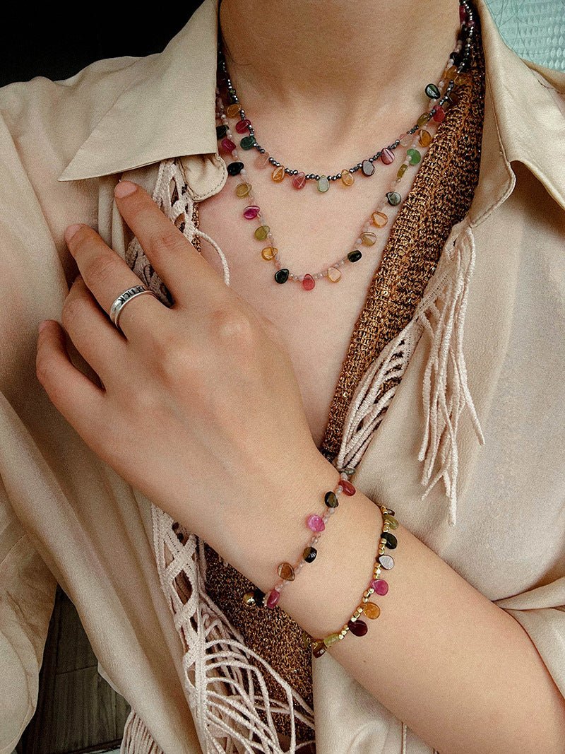 Colorful Waterdrop Tourmaline Woven Necklace Mini Sunstone or Silve Ore Beads - floysun