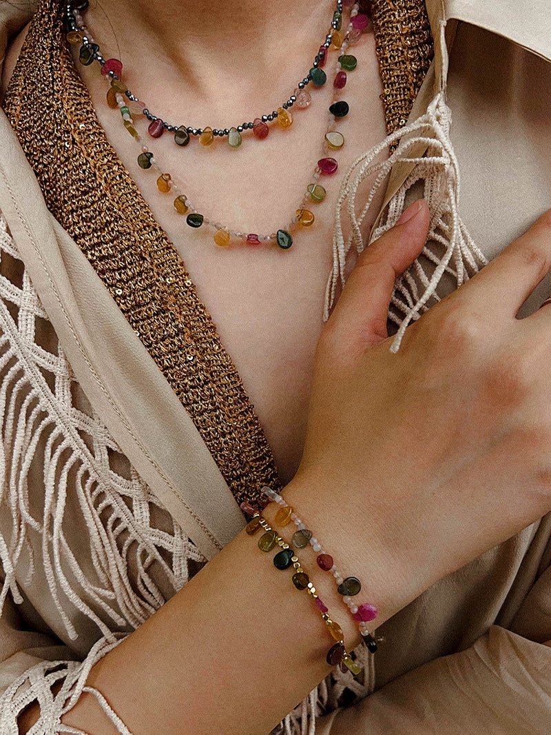 Colorful Waterdrop Tourmaline Woven Necklace Mini Sunstone or Silve Ore Beads - floysun