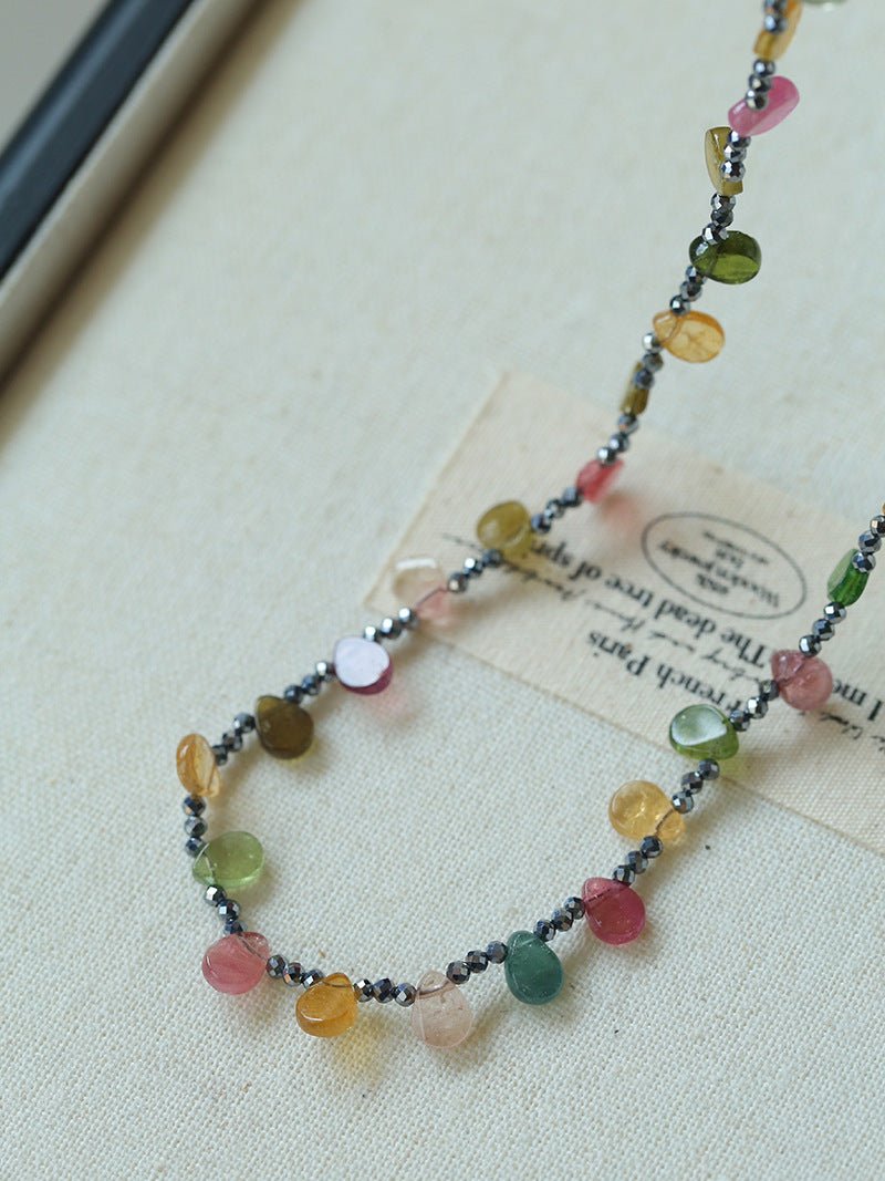 Colorful Waterdrop Tourmaline Woven Necklace Mini Sunstone or Silve Ore Beads - floysun