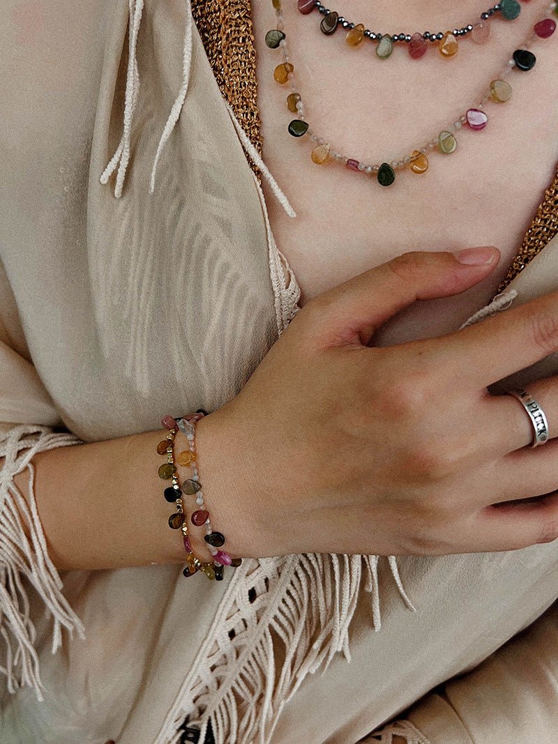 Colorful Waterdrop Tourmaline Woven Necklace Mini Sunstone or Silve Ore Beads - floysun