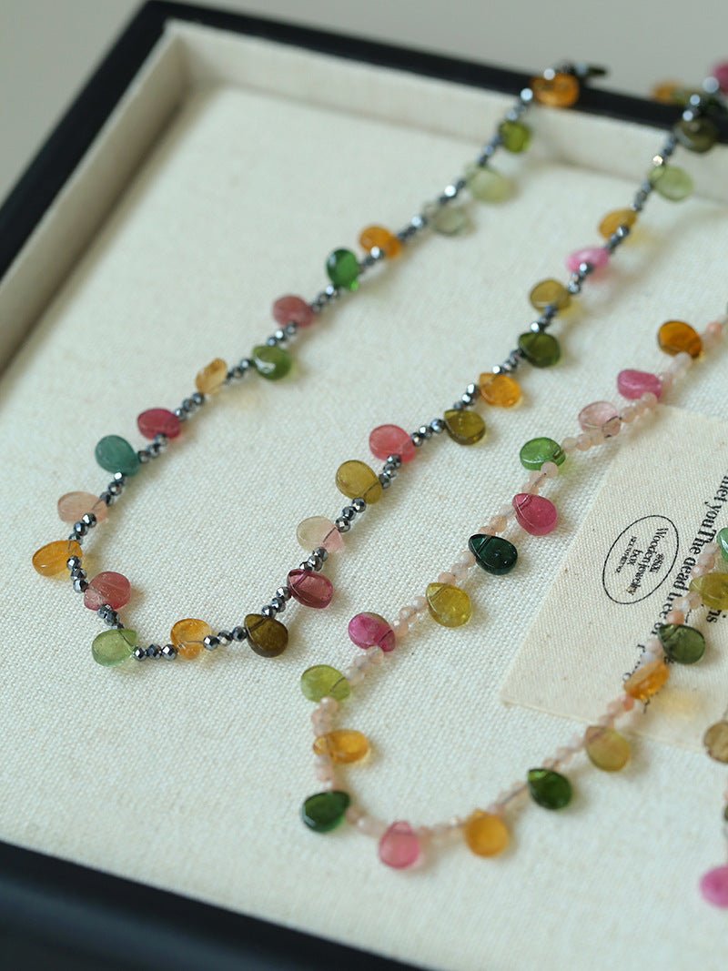 Colorful Waterdrop Tourmaline Woven Necklace Mini Sunstone or Silve Ore Beads - floysun