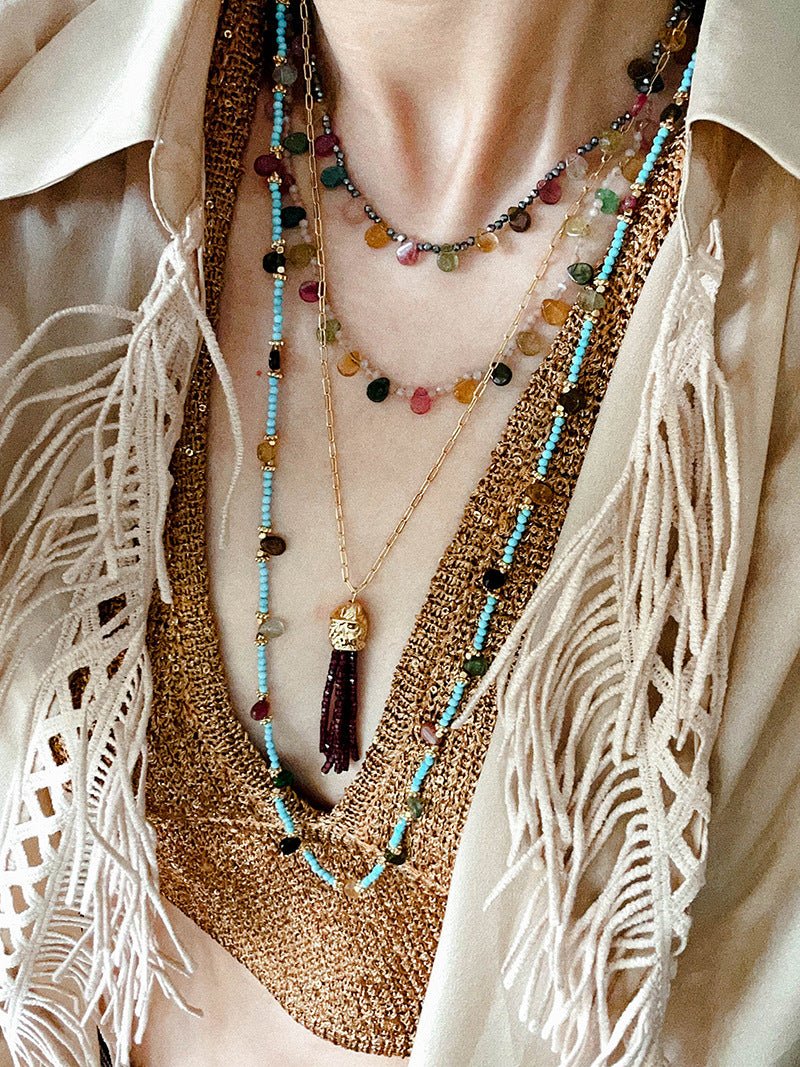 Colorful Waterdrop Tourmaline Woven Necklace Mini Sunstone or Silve Ore Beads - floysun