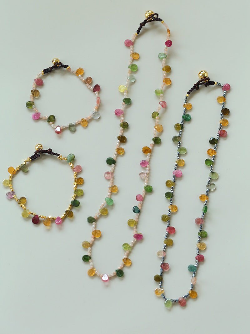 Colorful Waterdrop Tourmaline Woven Necklace Mini Sunstone or Silve Ore Beads - floysun