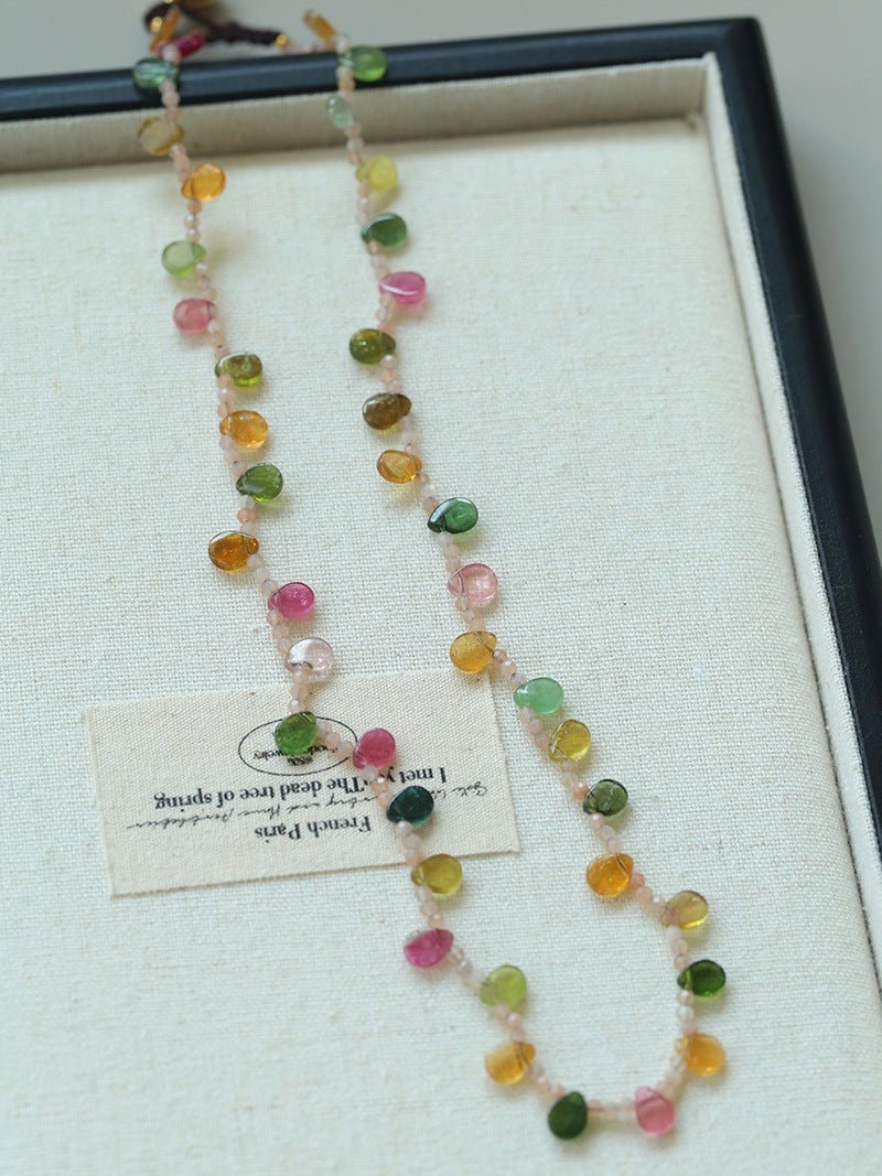 Colorful Waterdrop Tourmaline Woven Necklace Mini Sunstone or Silve Ore Beads - floysun