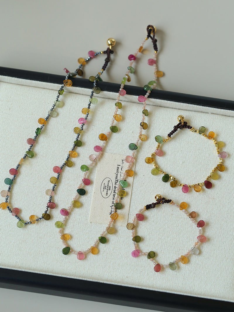 Colorful Waterdrop Tourmaline Woven Necklace Mini Sunstone or Silve Ore Beads - floysun