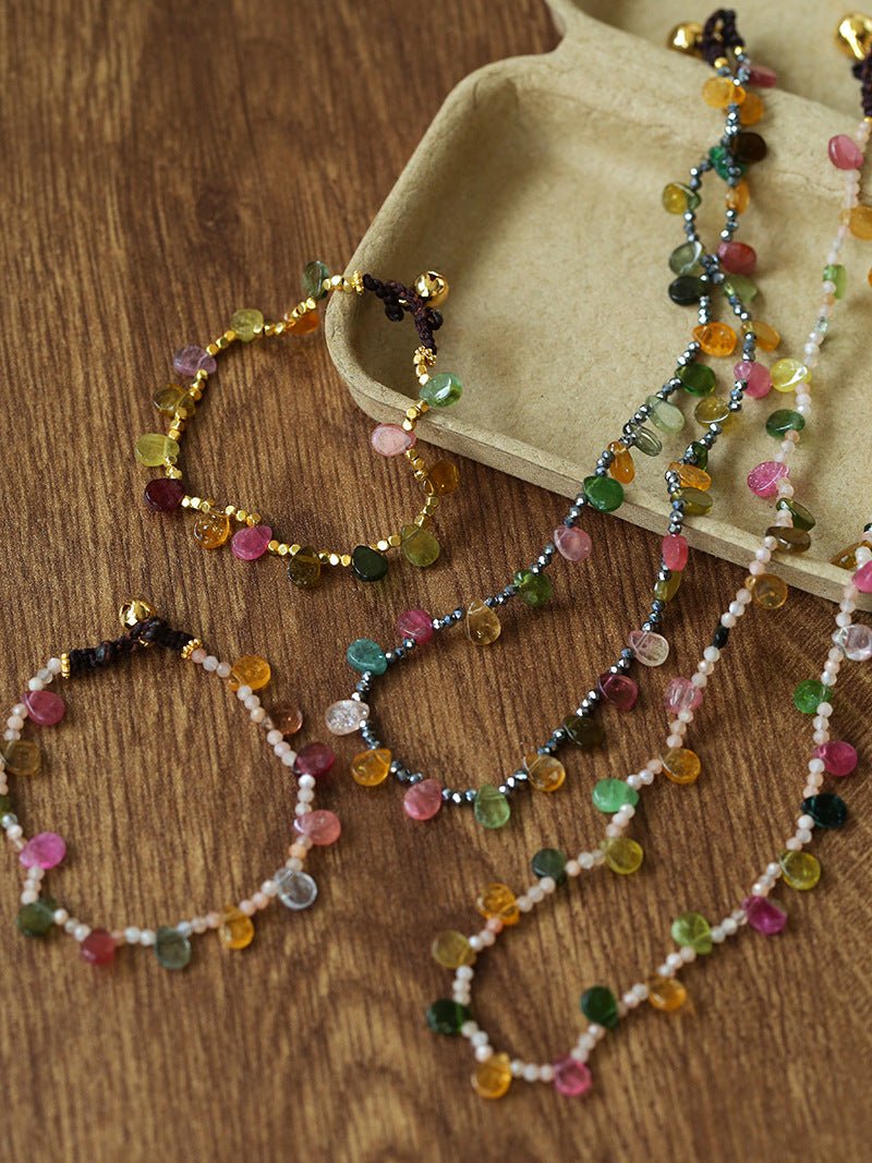 Colorful Waterdrop Tourmaline Woven Necklace Mini Sunstone or Silve Ore Beads - floysun