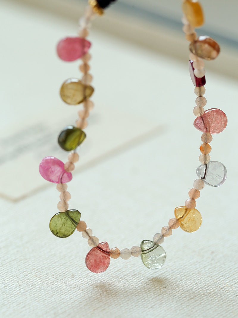 Colorful Waterdrop Tourmaline Woven Necklace Mini Sunstone or Silve Ore Beads - floysun