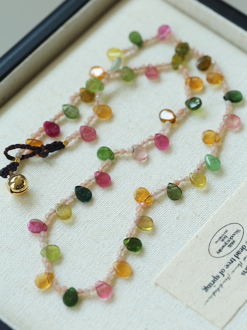 Colorful Waterdrop Tourmaline Woven Necklace Mini Sunstone or Silve Ore Beads - floysun