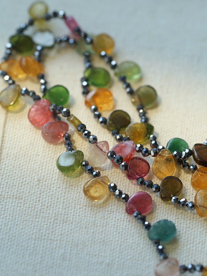 Colorful Waterdrop Tourmaline Woven Necklace Mini Sunstone or Silve Ore Beads - floysun