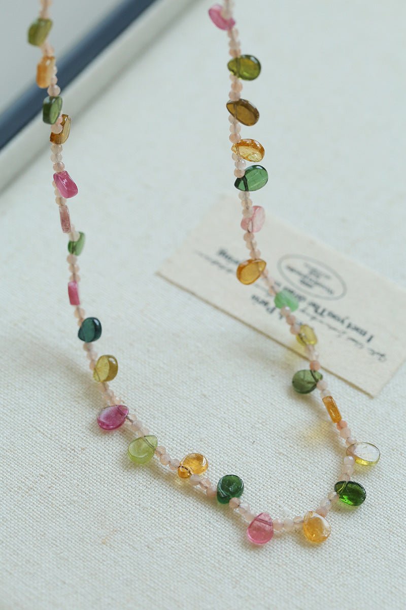 Colorful Waterdrop Tourmaline Woven Necklace Mini Sunstone or Silve Ore Beads - floysun