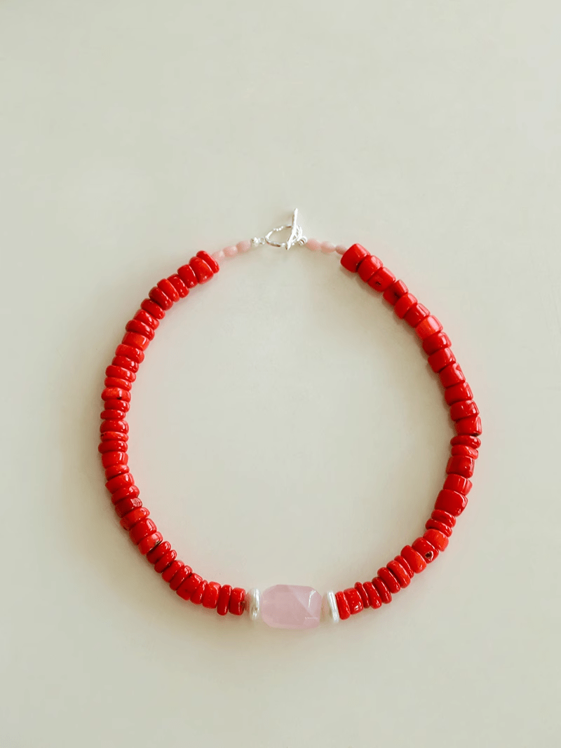 Crimson Coral & Pink Quartz Pearl Beaded Necklace - floysun