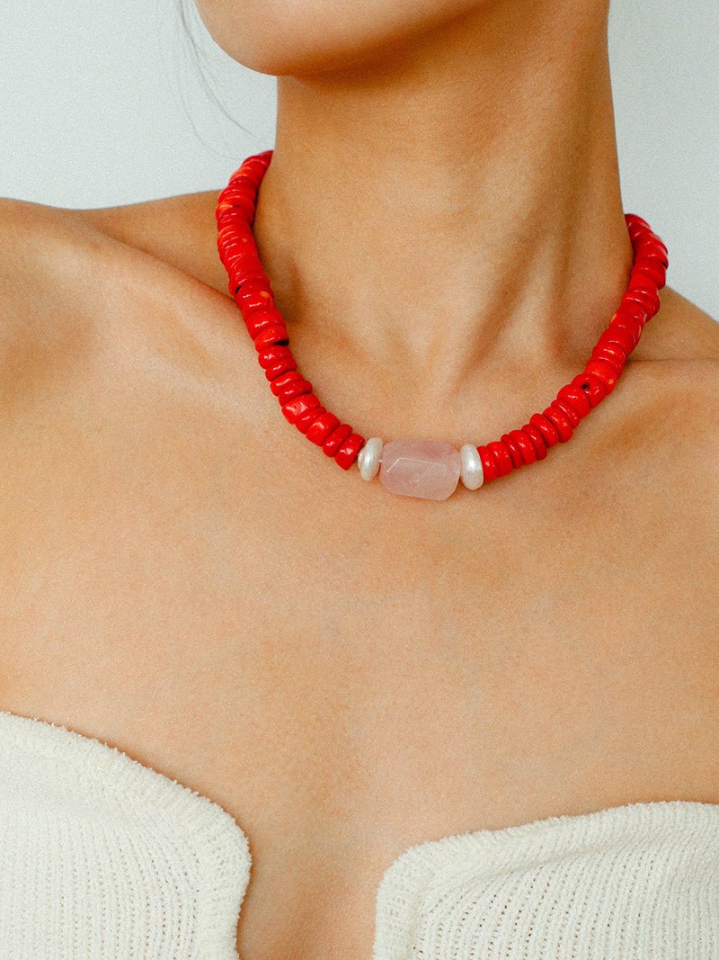 Crimson Coral & Pink Quartz Pearl Beaded Necklace - floysun