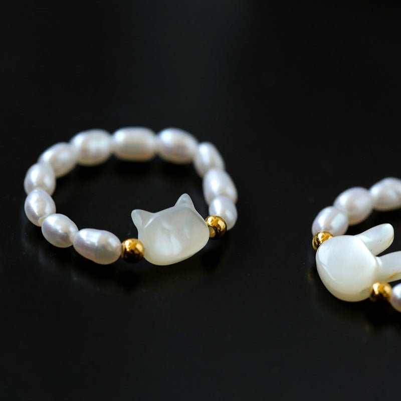 Cute Rabbit Cat Pearl Black Spinel Stretch Ring (Buy One Get One Free) - floysun