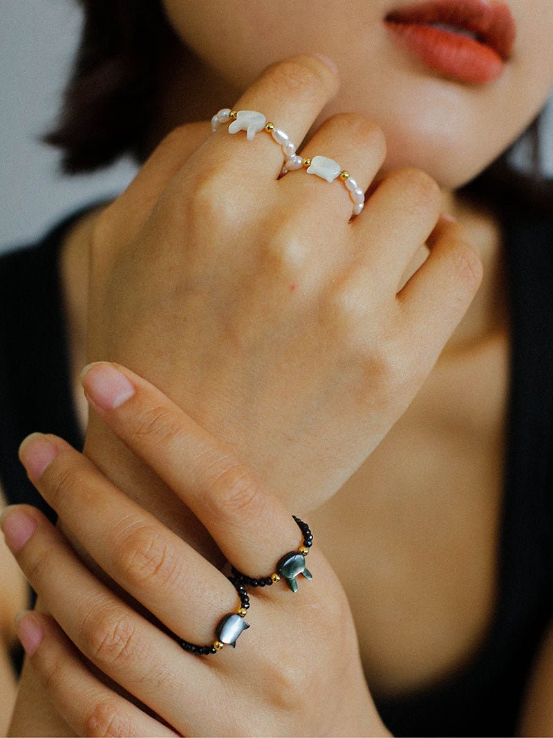 Cute Rabbit Cat Pearl Black Spinel Stretch Ring (Buy One Get One Free) - floysun
