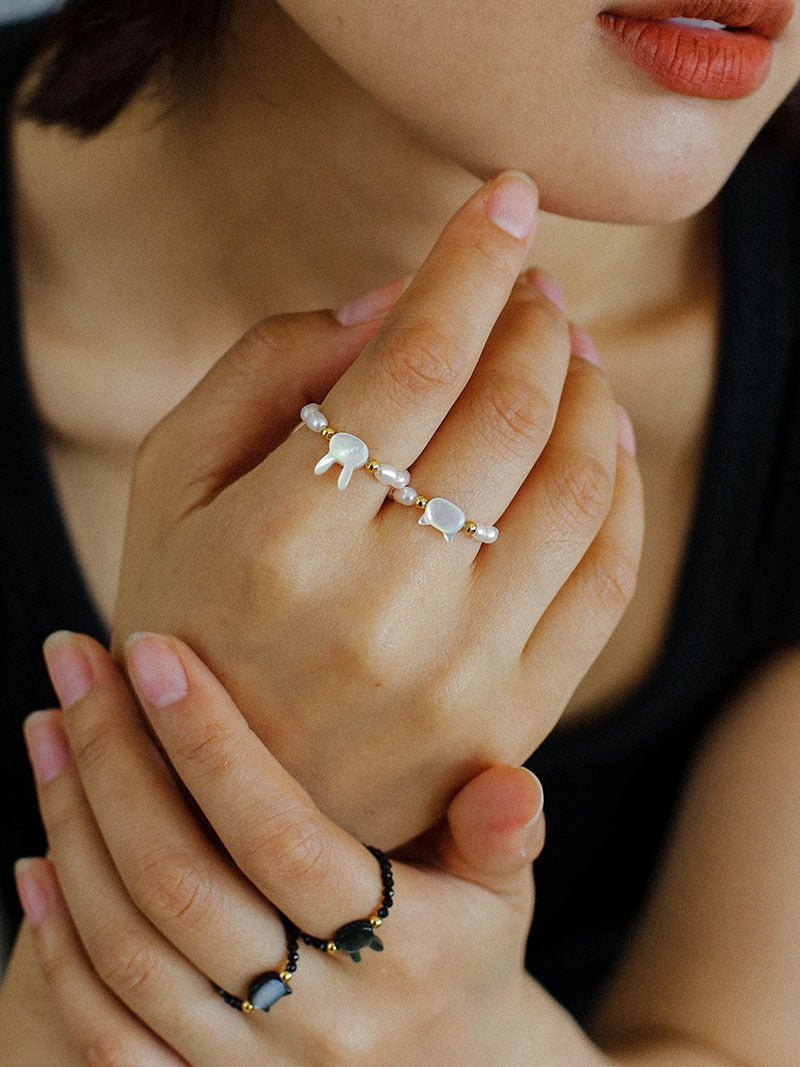 Cute Rabbit Cat Pearl Black Spinel Stretch Ring (Buy One Get One Free) - floysun