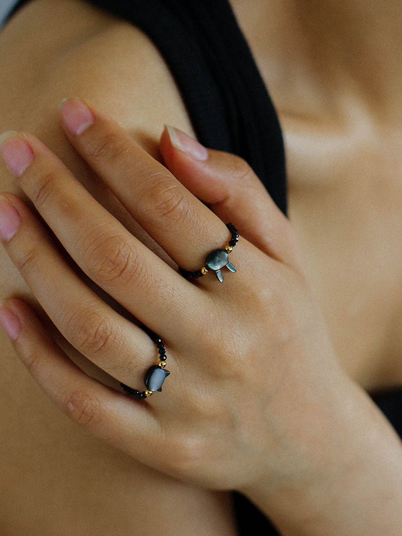 Cute Rabbit Cat Pearl Black Spinel Stretch Ring (Buy One Get One Free) - floysun