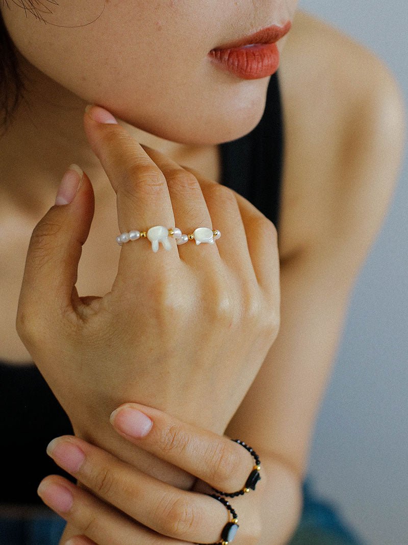 Cute Rabbit Cat Pearl Black Spinel Stretch Ring (Buy One Get One Free) - floysun