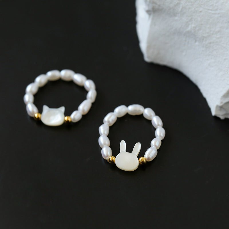 Cute Rabbit Cat Pearl Black Spinel Stretch Ring (Buy One Get One Free) - floysun