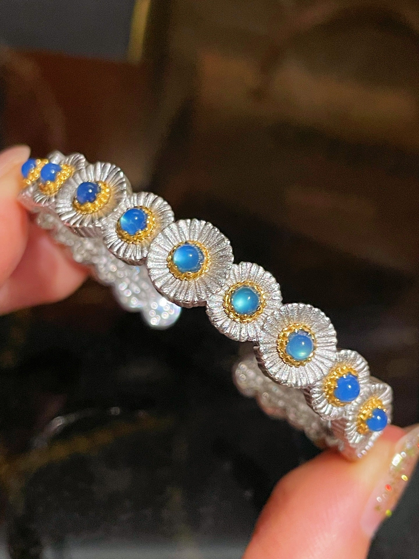 Daisy Bloom Blue Agate Open Cuff Bracelet - floysun