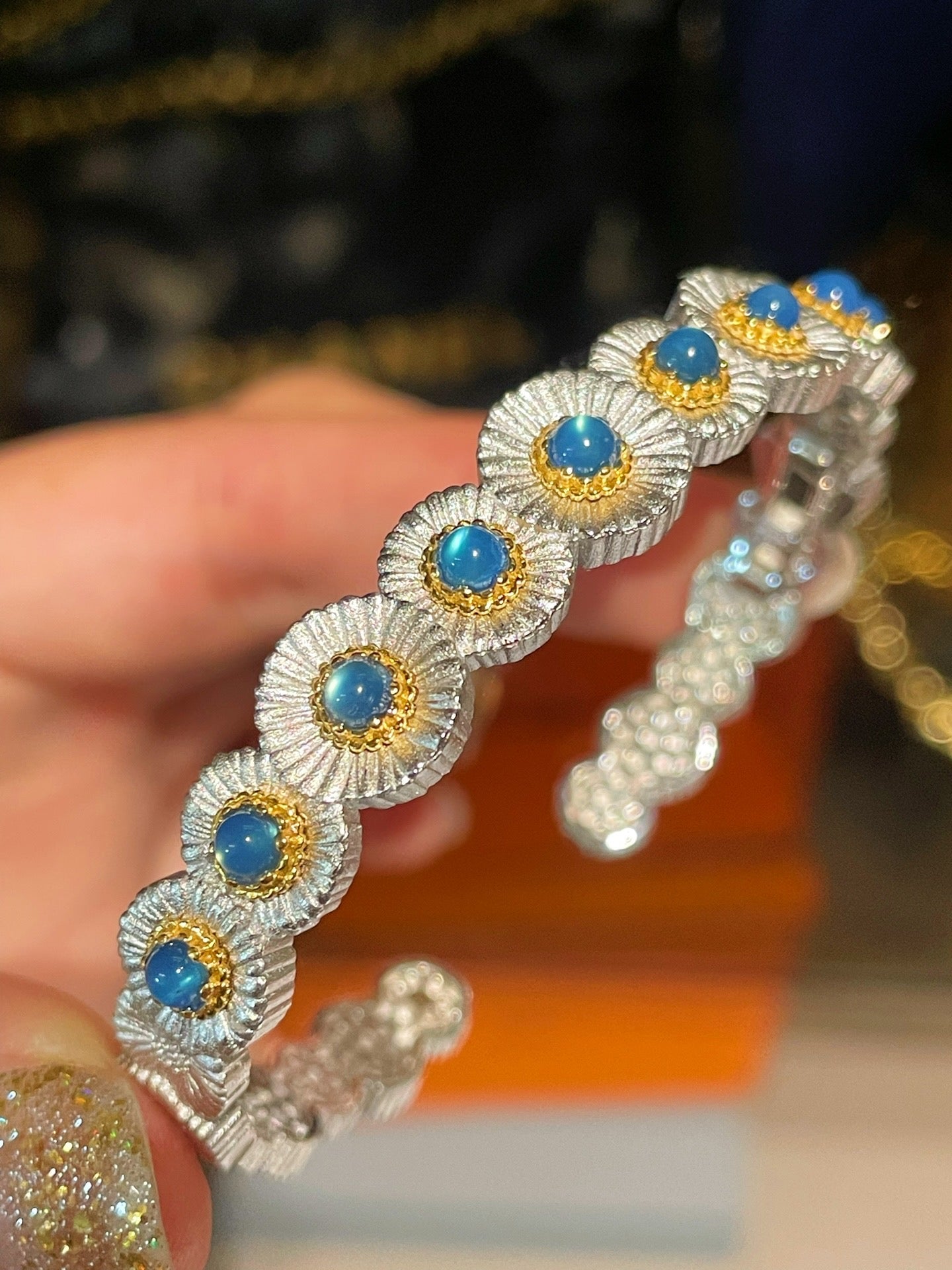 Daisy Bloom Blue Agate Open Cuff Bracelet - floysun