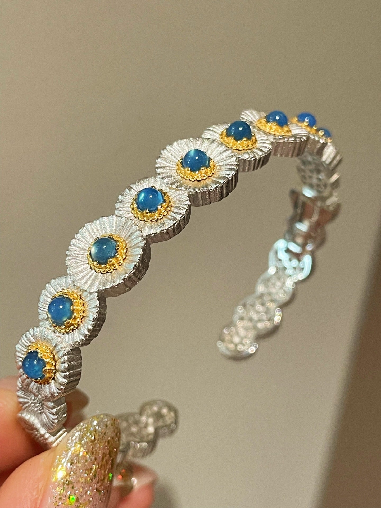 Daisy Bloom Blue Agate Open Cuff Bracelet - floysun