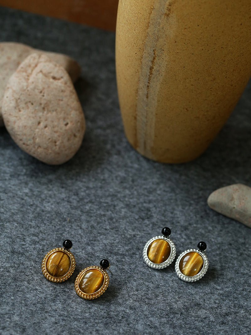 Dark Night Tiger Eye Mirror Gemstone Earrings - Tiger Eye Stone Earrings - floysun