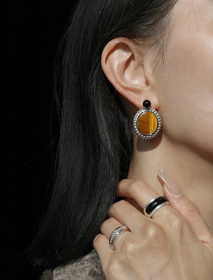 Dark Night Tiger Eye Mirror Gemstone Earrings - Tiger Eye Stone Earrings - floysun