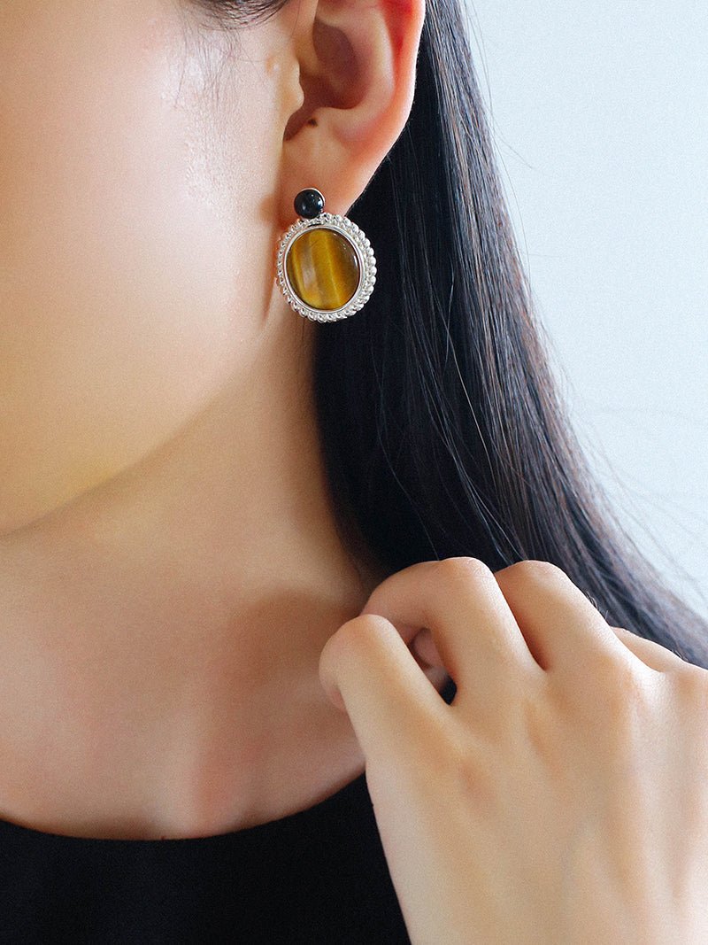 Dark Night Tiger Eye Mirror Gemstone Earrings - Tiger Eye Stone Earrings - floysun