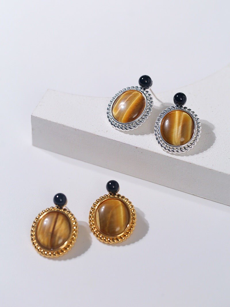 Dark Night Tiger Eye Mirror Gemstone Earrings - Tiger Eye Stone Earrings - floysun