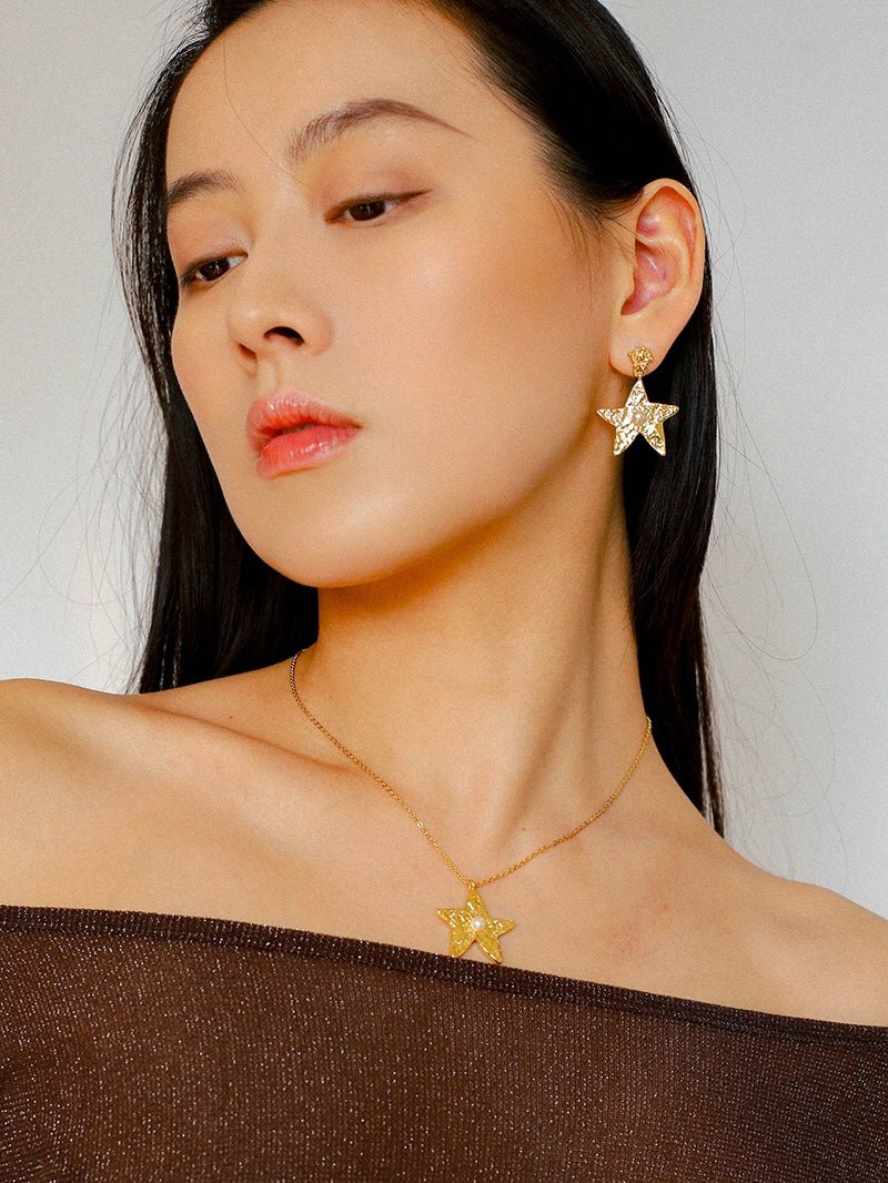 Dazzling Stars Pentagram Planet Element Earrings Gold - floysun