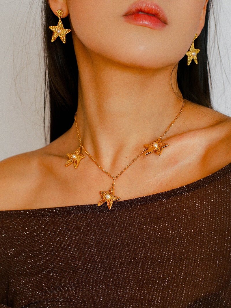 Dazzling Stars Pentagram Planet Element Earrings Gold - floysun