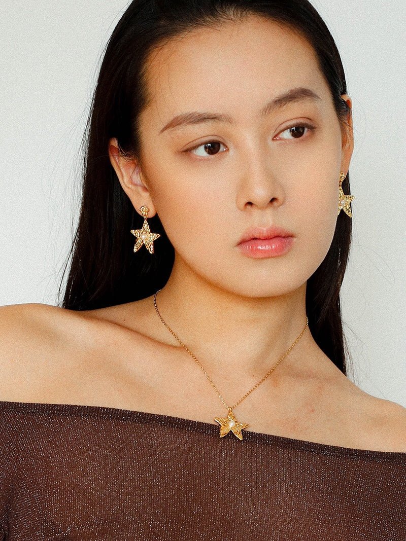 Dazzling Stars Pentagram Planet Element Earrings Gold - floysun
