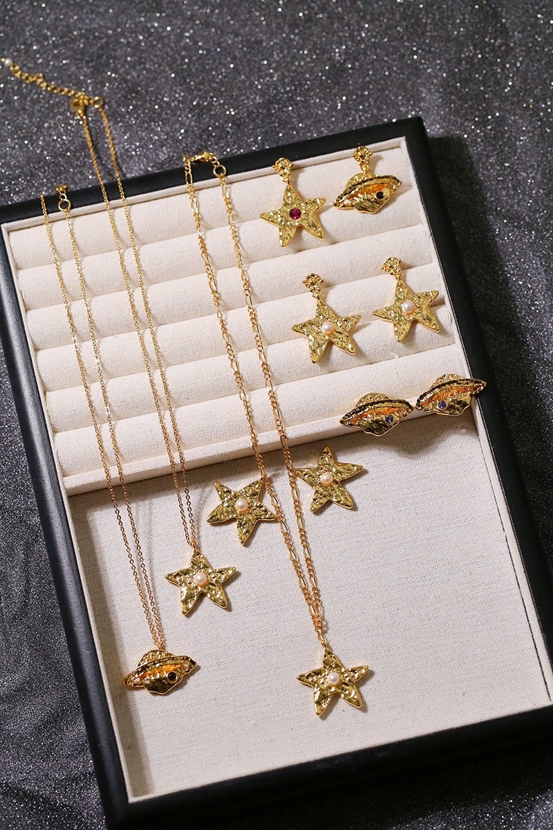 Dazzling Stars Pentagram Planet Element Necklace Gold - floysun