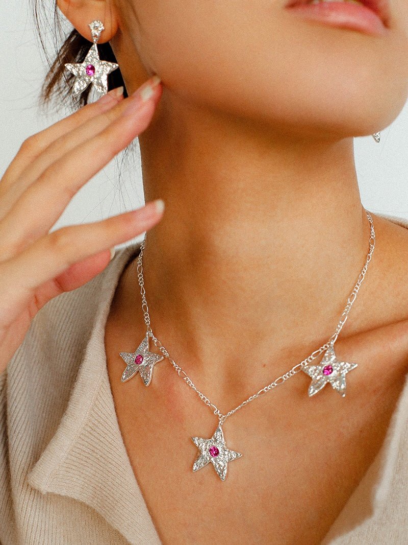 Dazzling Stars Pentagram Planet Element Necklace Silver - floysun