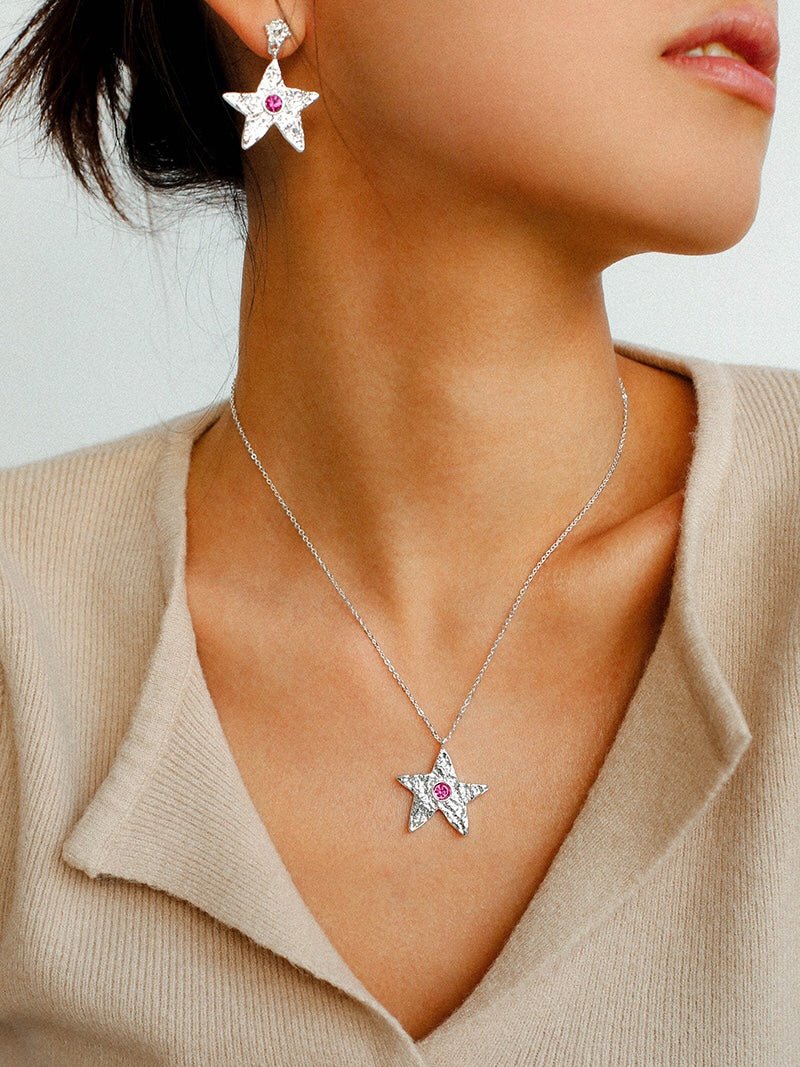 Dazzling Stars Pentagram Planet Element Necklace Silver - floysun
