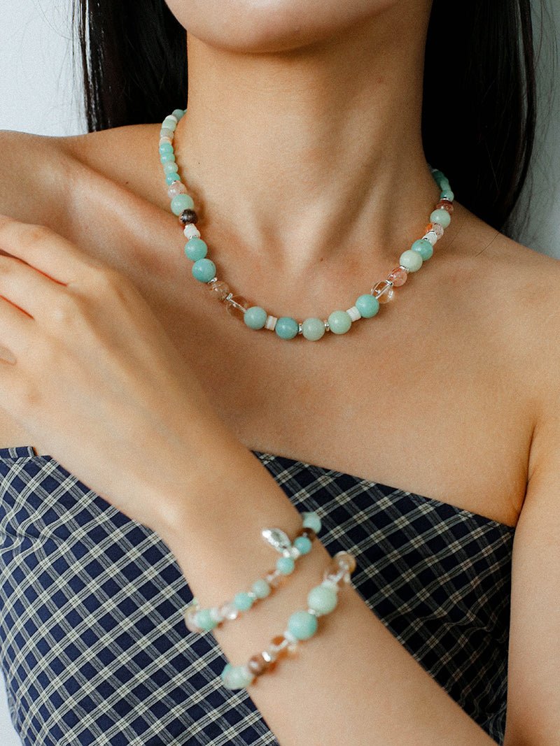 Dopamine Beaded Wave Bracelet – Blue Amazonite Elastic Bead Edition - floysun