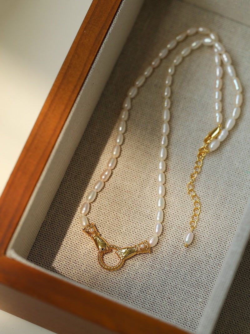 Double - Handed Ring Clasp Pearl Beaded Necklace - floysun