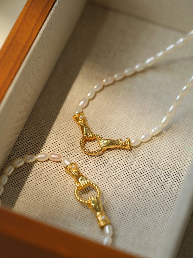 Double - Handed Ring Clasp Pearl Beaded Necklace - floysun
