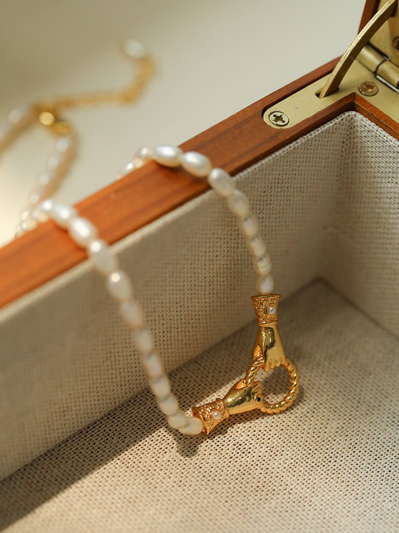 Double - Handed Ring Clasp Pearl Beaded Necklace - floysun