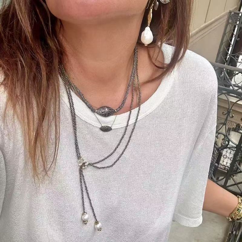 Double - Layer Faceted Gemstone Necklace with Pearl Pendant – Garnet or Gold Ore Option - floysun