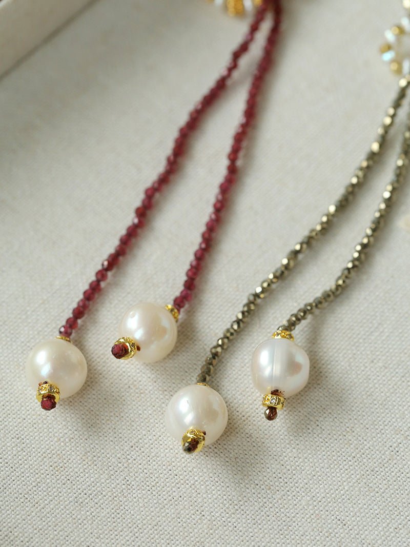 Double - Layer Faceted Gemstone Necklace with Pearl Pendant – Garnet or Gold Ore Option - floysun