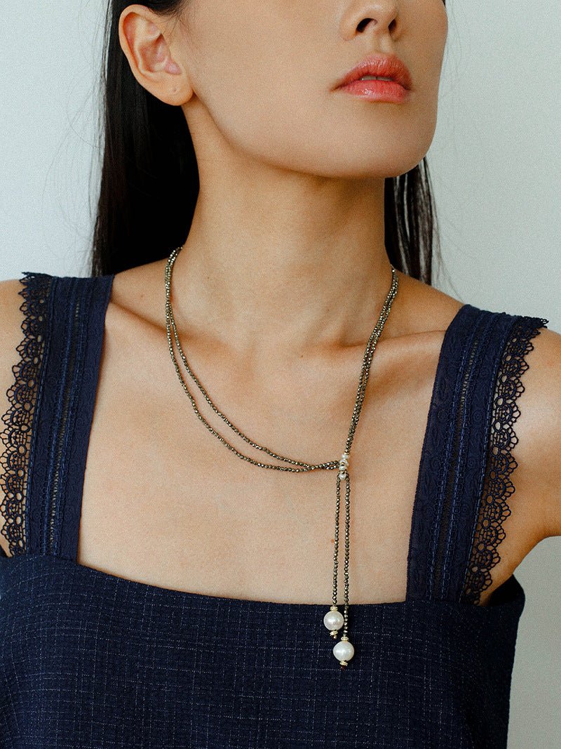Double - Layer Faceted Gemstone Necklace with Pearl Pendant – Garnet or Gold Ore Option - floysun