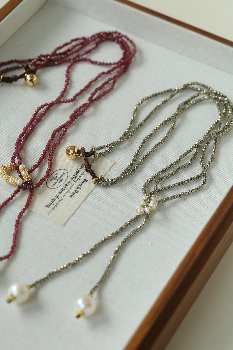 Double - Layer Faceted Gemstone Necklace with Pearl Pendant – Garnet or Gold Ore Option - floysun