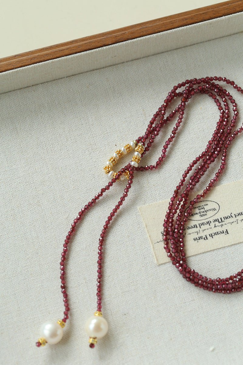 Double - Layer Faceted Gemstone Necklace with Pearl Pendant – Garnet or Gold Ore Option - floysun